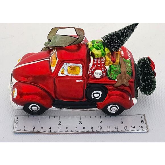 ORNAMENT-Holiday-Glass-Red Pickup Truck-Christmas Tree-Unique-Novelty-Large - Picture 14 of 14
